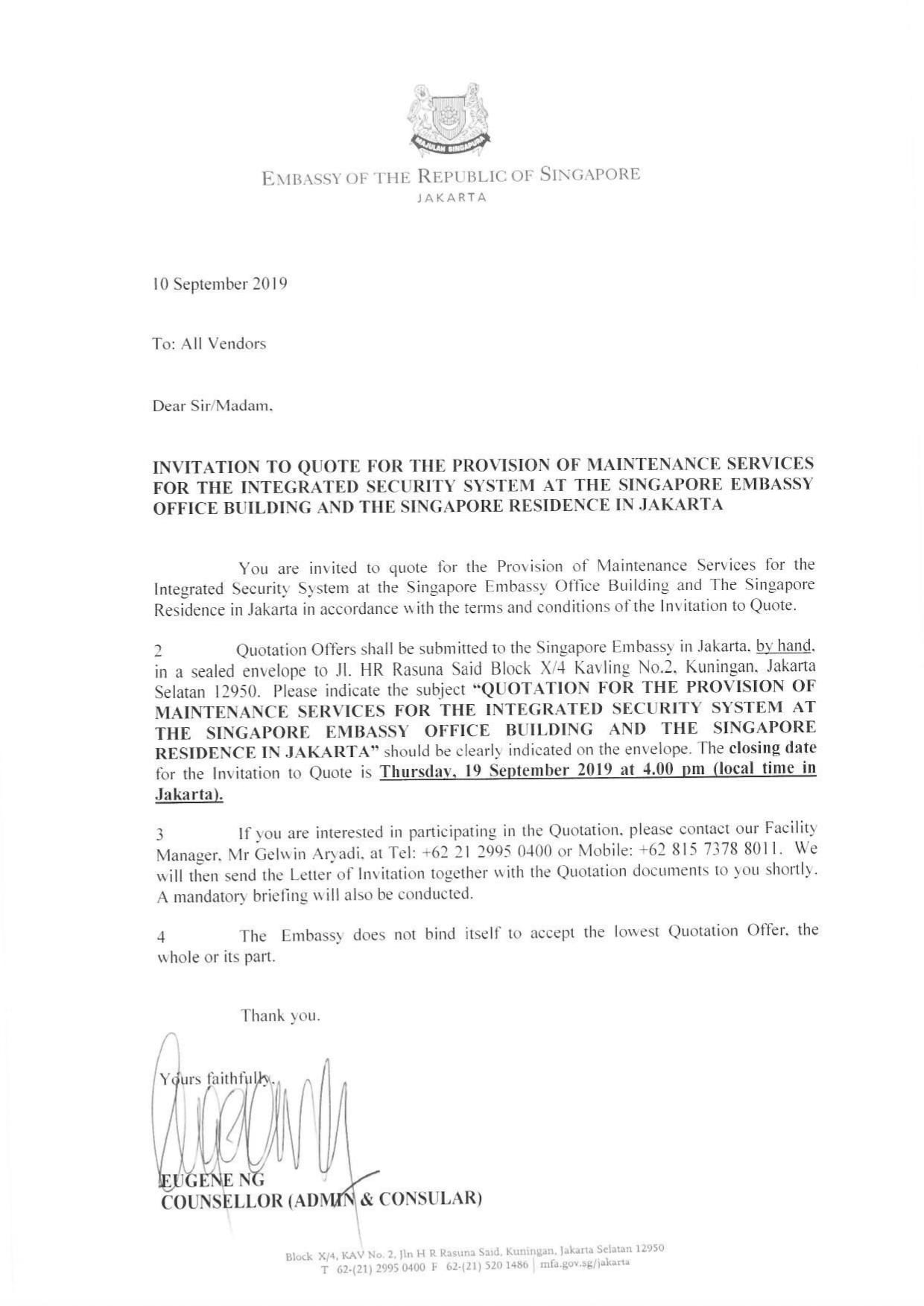 Singapore Embassy Jakarta's letter: Invitation to Quote for Maintenance Services.